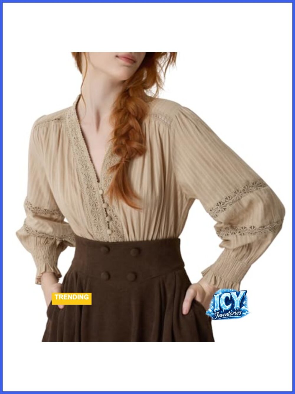 Cotton Renaissance Shirt Women V Neck Peasant Blouse Long Sleeve Smocked